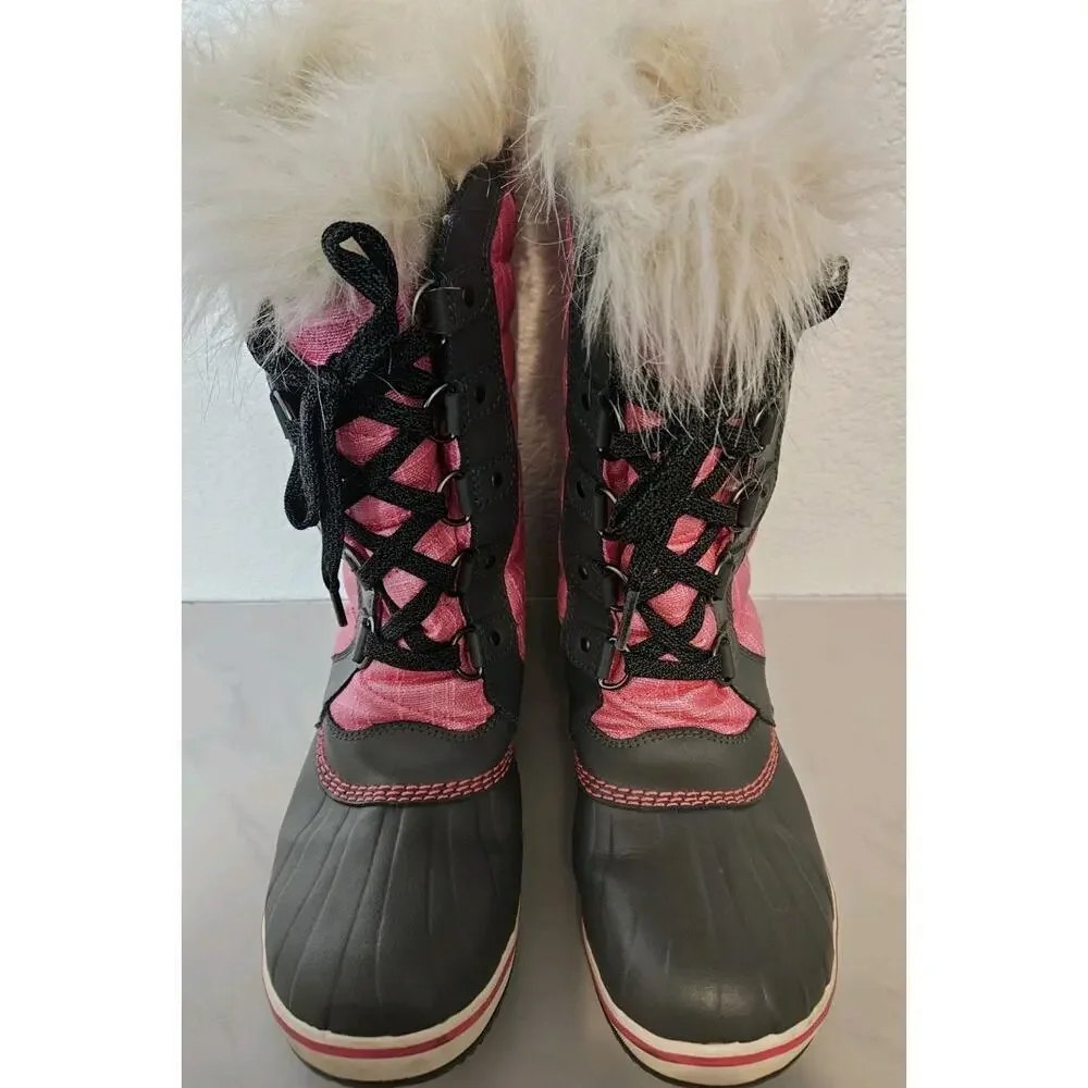 Sorel Tofino II Snow Boots YOUTH Size 6 Pink Gray Waterproof Fleece Fur Trim